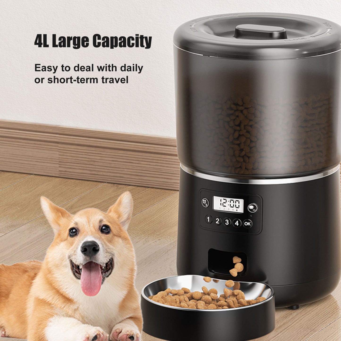 HEYBO Automatic Cat Feeder 4L Auto Pet Cat Dry Food Dispenser with Low Food LED Indication - HEYBO