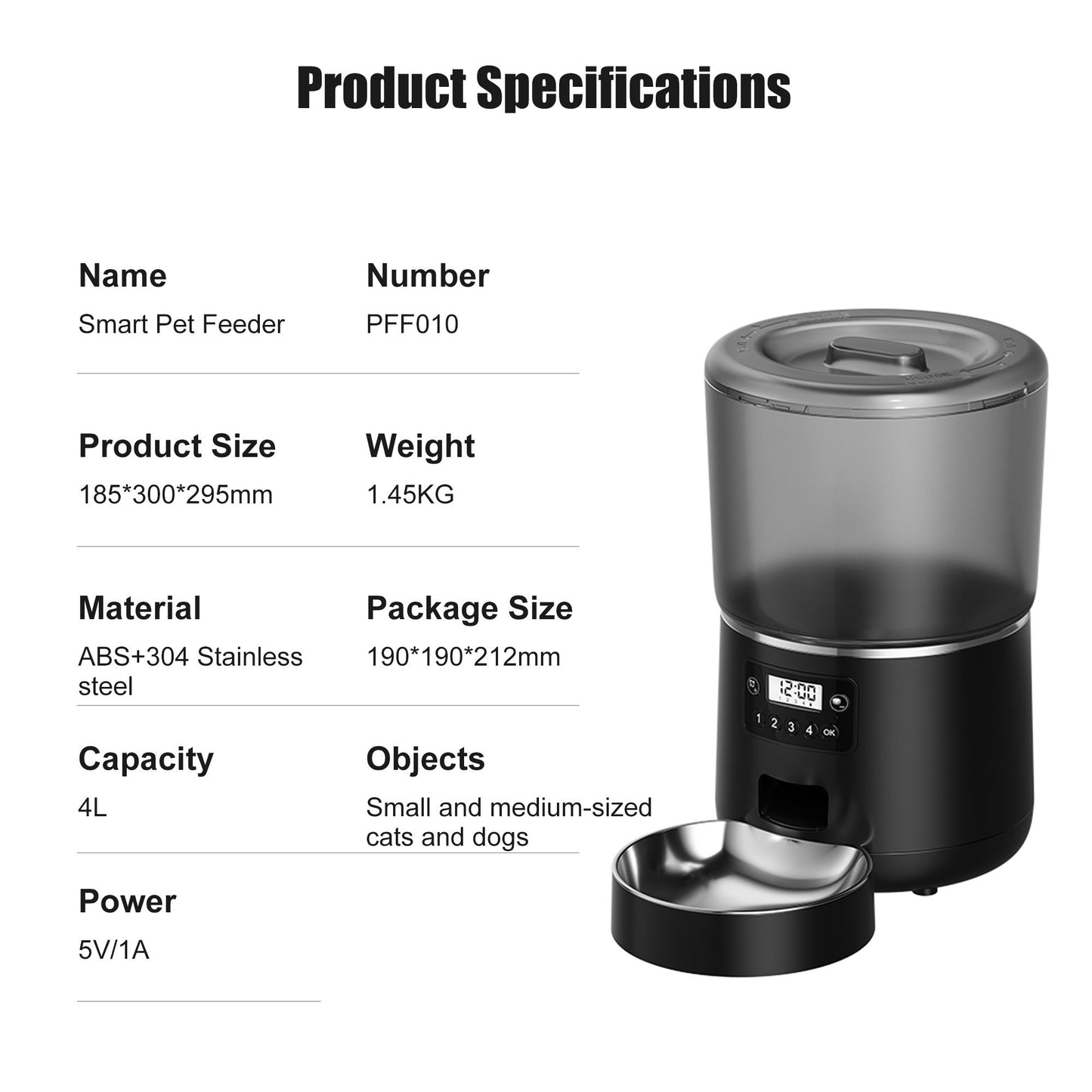 HEYBO Automatic Cat Feeder 4L Auto Pet Cat Dry Food Dispenser with Low Food LED Indication - HEYBO