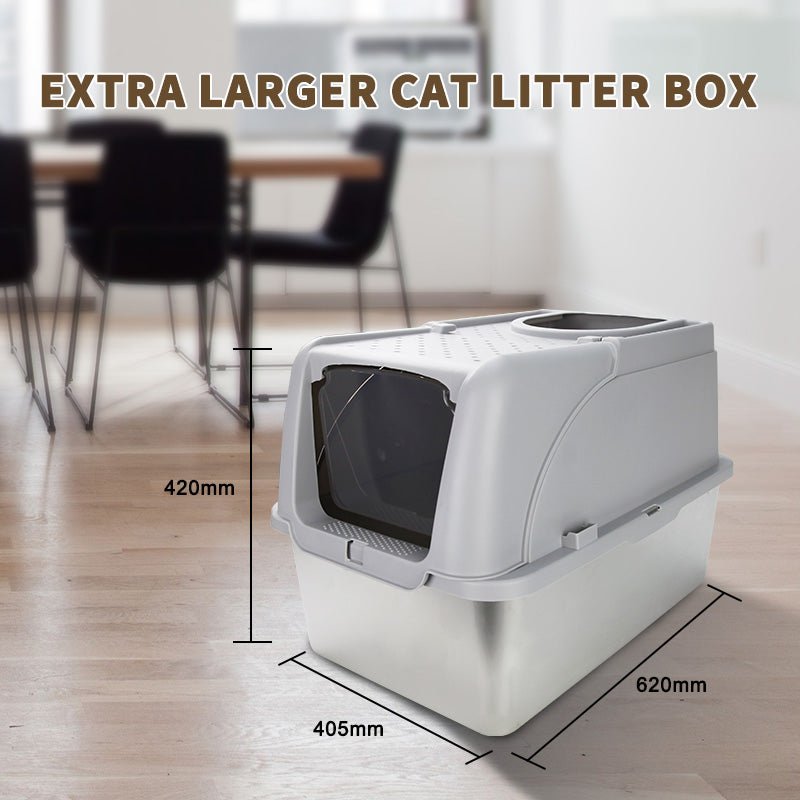 HEYBO High - Sided Stainless Steel Cat Litter Box,Stainless Steel Litter Box with Lid,Extra Medium Box,Easy - to - Clean - HEYBO