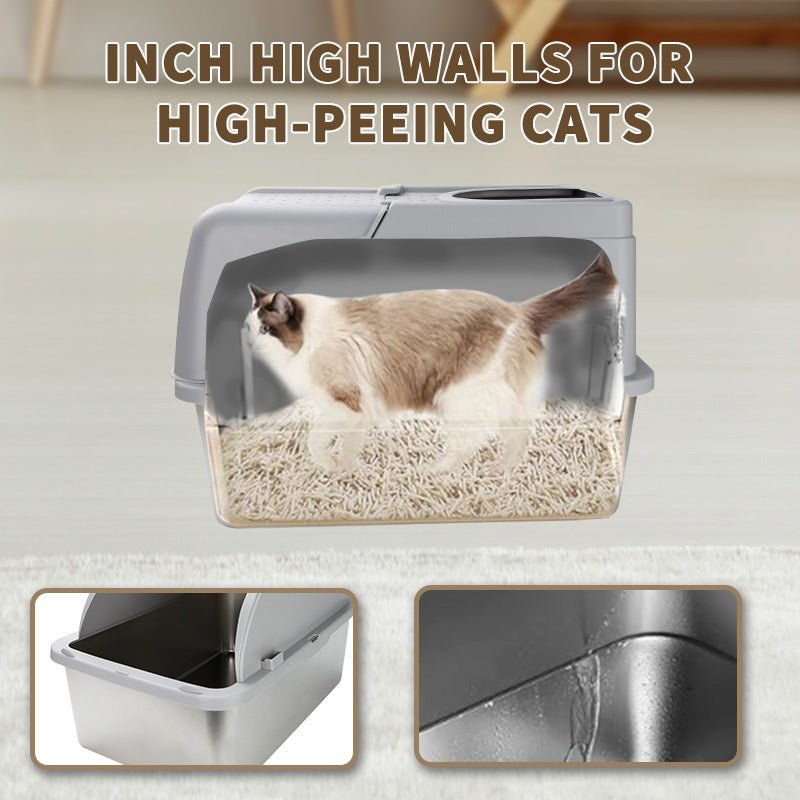 HEYBO High - Sided Stainless Steel Cat Litter Box,Stainless Steel Litter Box with Lid,Extra Medium Box,Easy - to - Clean - HEYBO