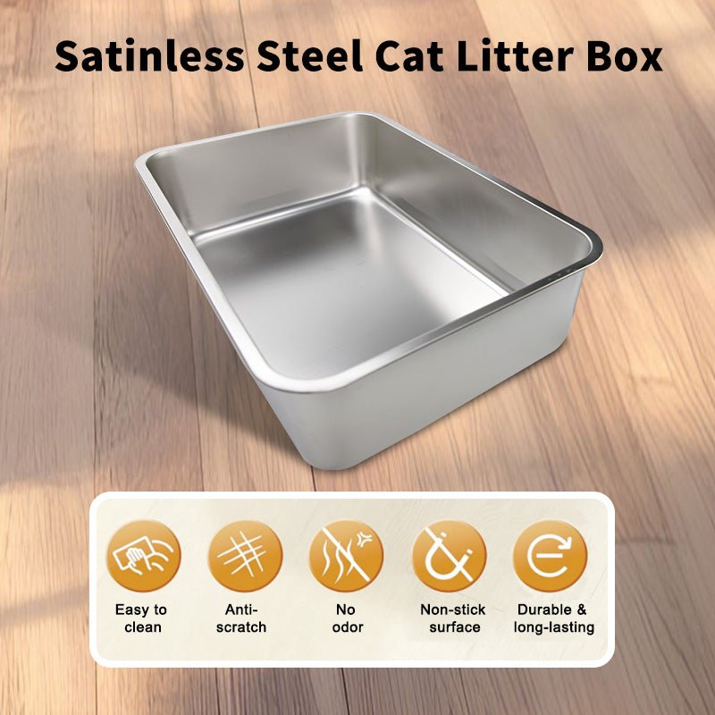HEYBO High - Sided Stainless Steel Cat Litter Box,Stainless Steel Litter Box with Lid,Extra Medium Box,Easy - to - Clean - HEYBO