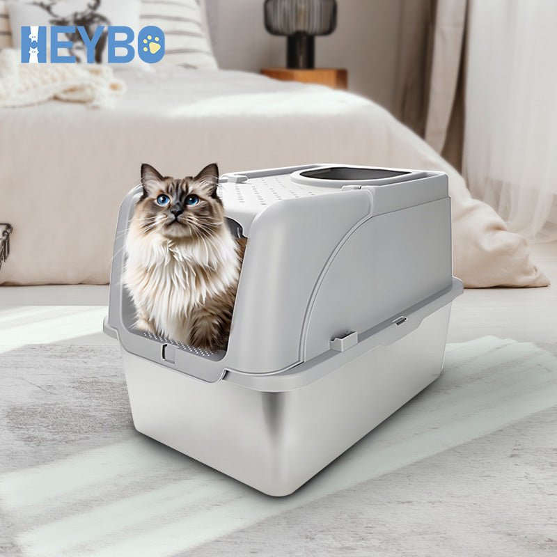 HEYBO High - Sided Stainless Steel Cat Litter Box,Stainless Steel Litter Box with Lid,Extra Medium Box,Easy - to - Clean - HEYBO