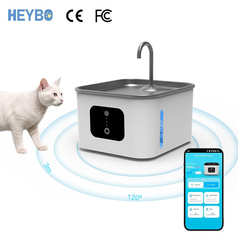 HEYBO Ultra Quiet Cat Water Fountain with Stainless Steel & ABS Material, Multi - Layer Filtration Blue Light Sterilization, Smart Dry - Burn Protection Ideal for Cats & Dogs - HEYBO