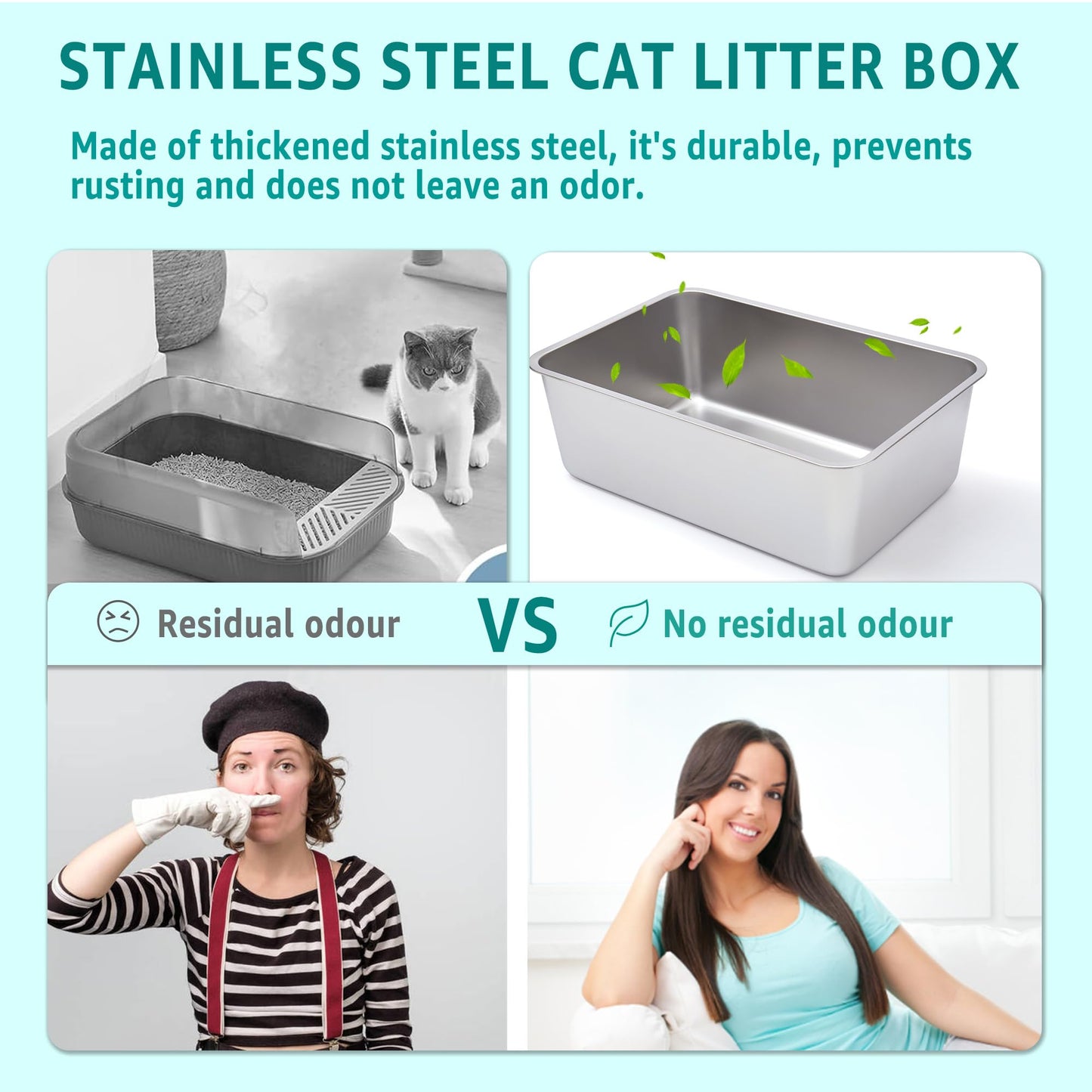 HEYBO Large Stainless Steel Cat Litter Box with High Sides - HEYBO