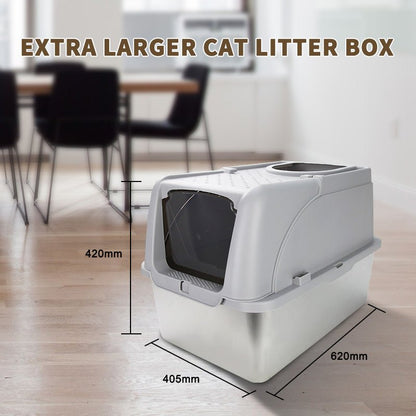 HEYBO High - Sided Stainless Steel Cat Litter Box,Stainless Steel Litter Box with Lid,Extra Medium Box,Easy - to - Clean - HEYBO