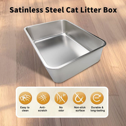 HEYBO High - Sided Stainless Steel Cat Litter Box,Stainless Steel Litter Box with Lid,Extra Medium Box,Easy - to - Clean - HEYBO