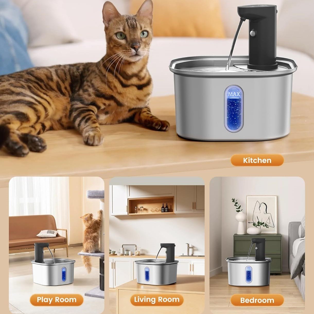 HEYBO Pet Intelligent Induction Water Dispenser Large Capacity Stainless Steel Square Wireless Induction Activated Carbon Filter Cat Water Feeder - HEYBO