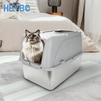 HEYBO High - Sided Stainless Steel Cat Litter Box,Stainless Steel Litter Box with Lid,Extra Medium Box,Easy - to - Clean - HEYBO