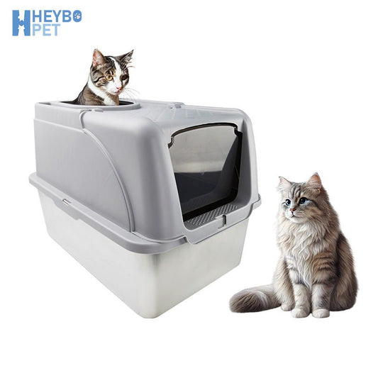 HEYBO High - Sided Stainless Steel Cat Litter Box,Stainless Steel Litter Box with Lid,Extra Medium Box,Easy - to - Clean - HEYBO