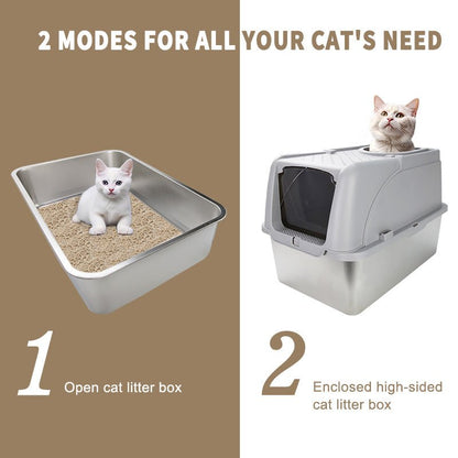 HEYBO High - Sided Stainless Steel Cat Litter Box,Stainless Steel Litter Box with Lid,Extra Medium Box,Easy - to - Clean - HEYBO