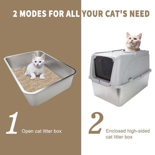 HEYBO High - Sided Stainless Steel Cat Litter Box,Stainless Steel Litter Box with Lid,Extra Medium Box,Easy - to - Clean - HEYBO